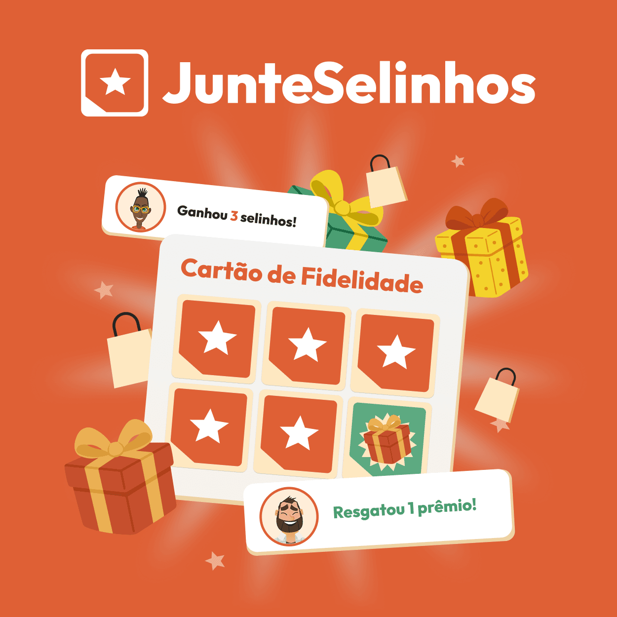 JunteSelinhos digital loyalty card interface showing a stamp card and reward redemption