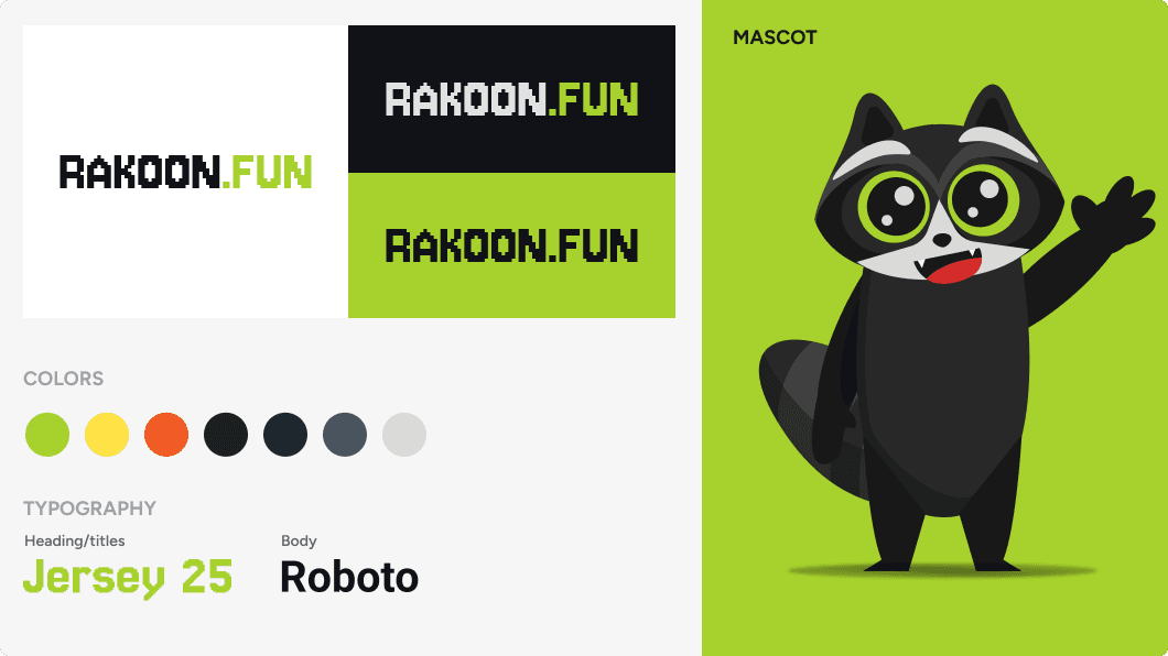 Rakoon.fun brand design: the raccoon mascot, logo and colour palette