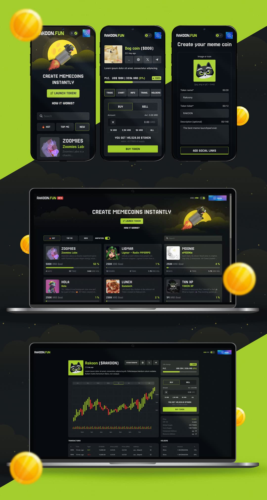 Rakoon.fun interface screens: token creation flow, bonding curve trading and token detail pages